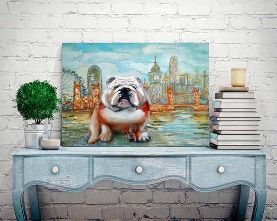 In the historic homeland, English Bulldog Painting Original Art Dog Portrait Artwork Canvas London Skyline Wall Art 45x35, ready to hang.