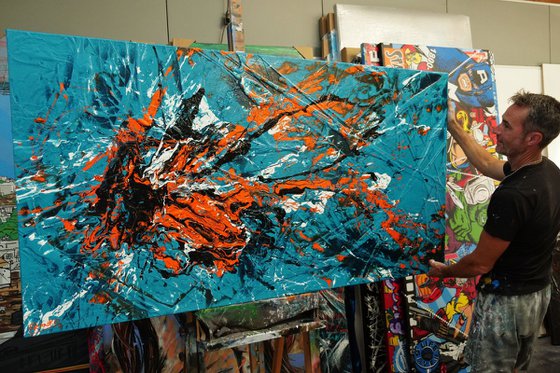 Teal and Tango 190cm x 100cm Teal Orange Textured Abstract Art