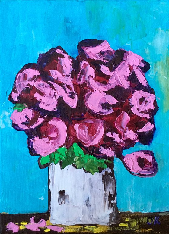 ABSTRACT BOUQUET OF Burgundy Roses  #16 ( NAIVE COLLECTION)  palette  knife Original Acrylic painting office home decor gift