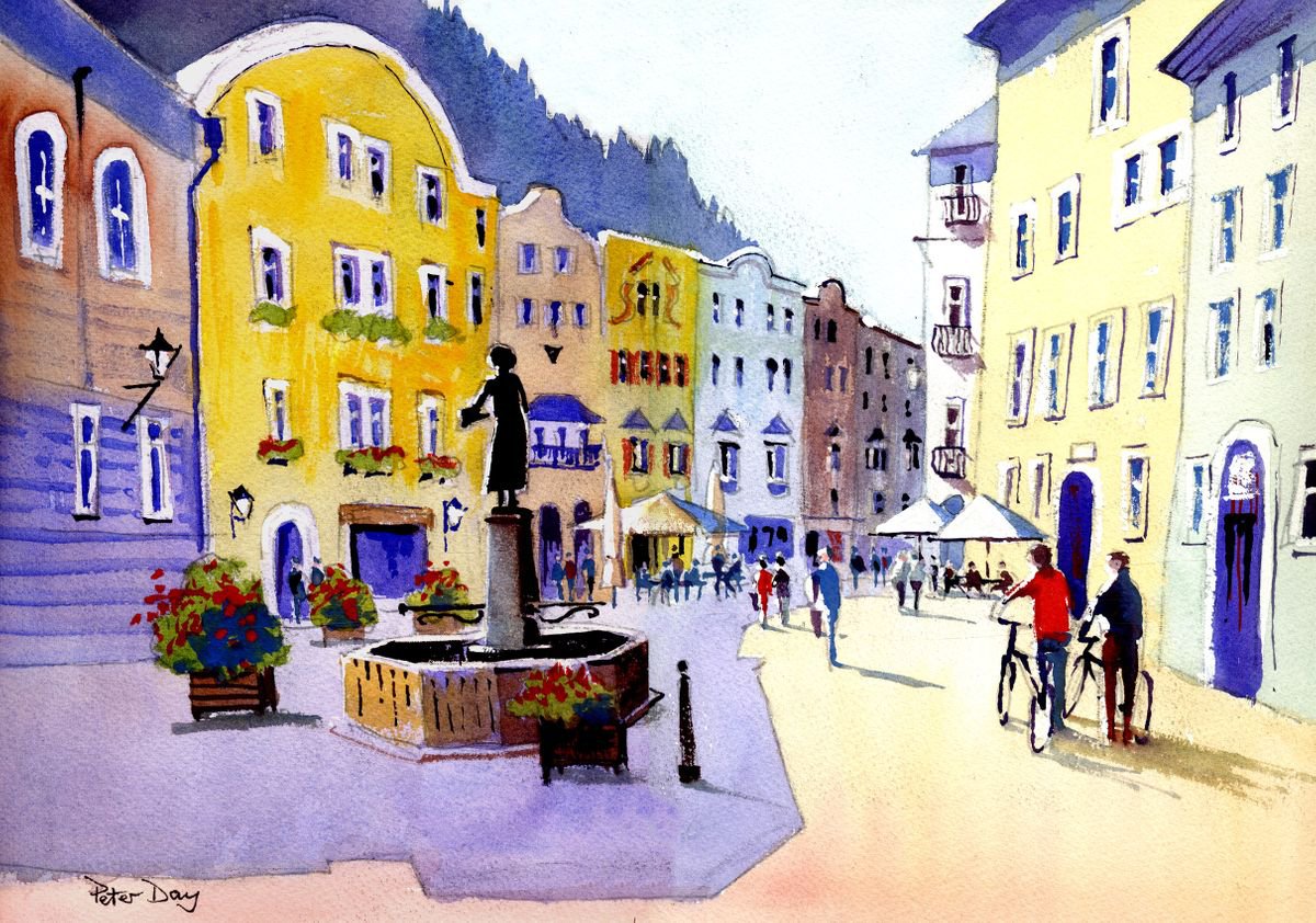 Impressionistic Cityscapes Watercolour By Peter Day, 17 X 13", Austria, Rattenberg, Original Artwork