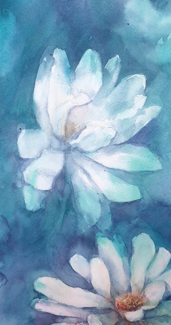 watercolour MAGNOLIA in TURQUOISE flower painting 30x45/ 2020.018