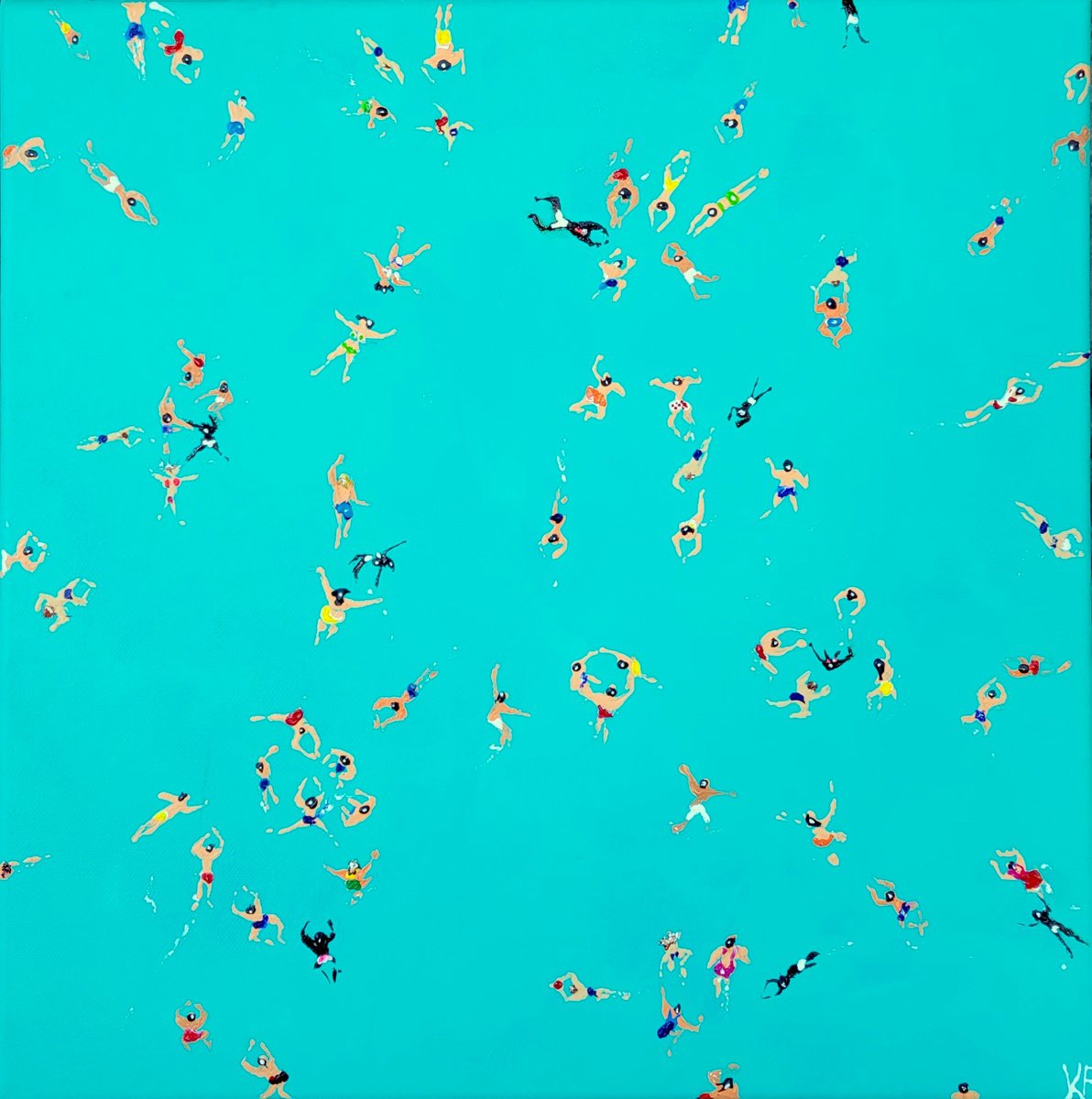 Portrait Acrylic Painting By Kathrin Floge, 16 X 16", Swimming Together 7, Original Artwork