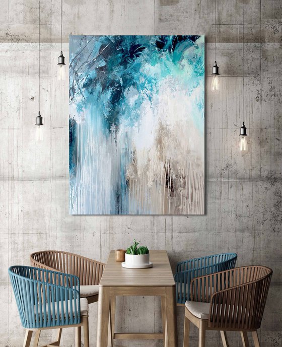 "Water streams" Teal navy blue gray art