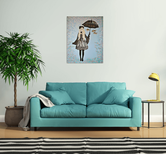Girl with umbrella and three goldfish / 94.8  x 73.8 x 2.5 cm