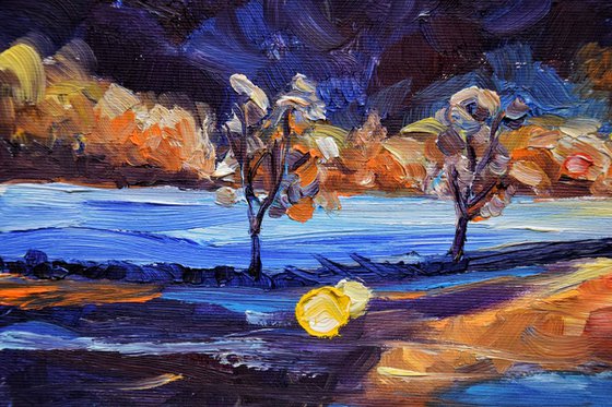 Norway mountain landscape original oil painting on canvas, winter sunset forest lake