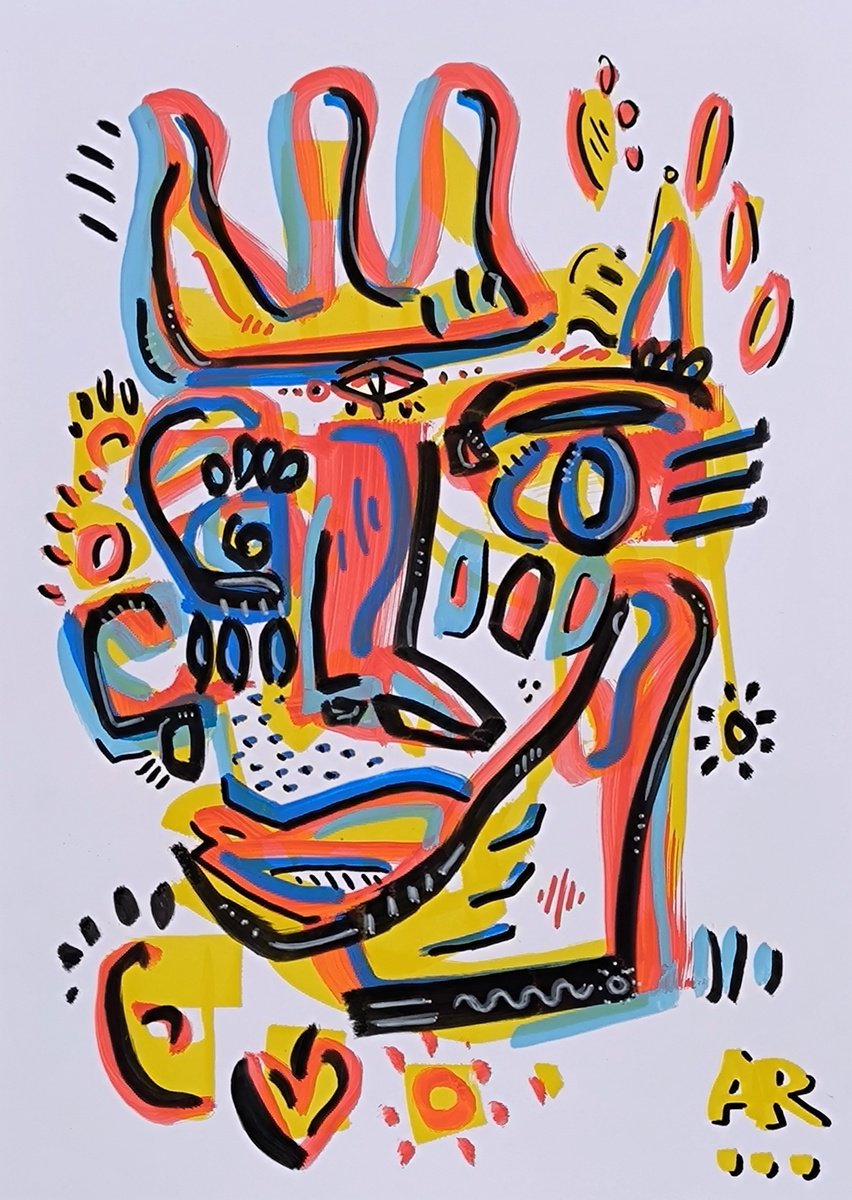 Expressive Portrait Drawing By Angel Rivas, 8 X 12, Crazy Face, Original Artwork