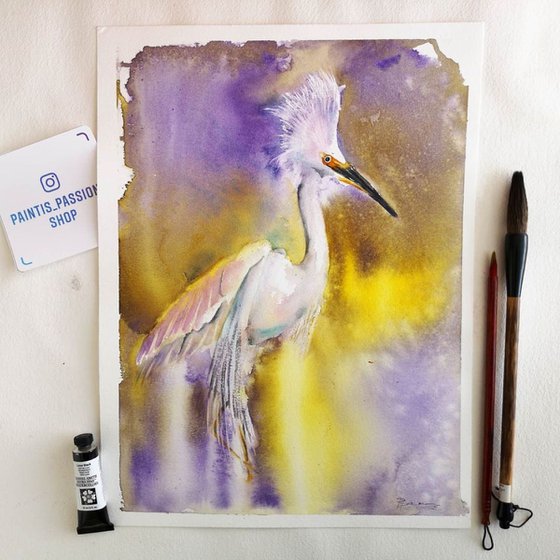 Heron in violet and yellow colors