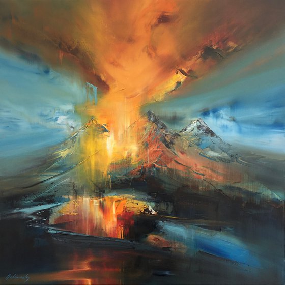 Golden Hour - 80 x 80 cm abstract landscape oil painting in blue and red