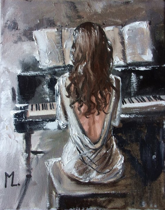" YOU HEAR IT ? "  piano music liGHt  ORIGINAL OIL PAINTING, GIFT, PALETTE KNIFE