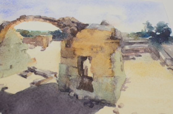 Ruins of Paphos, Small watercolor. Archeology of Cyprus