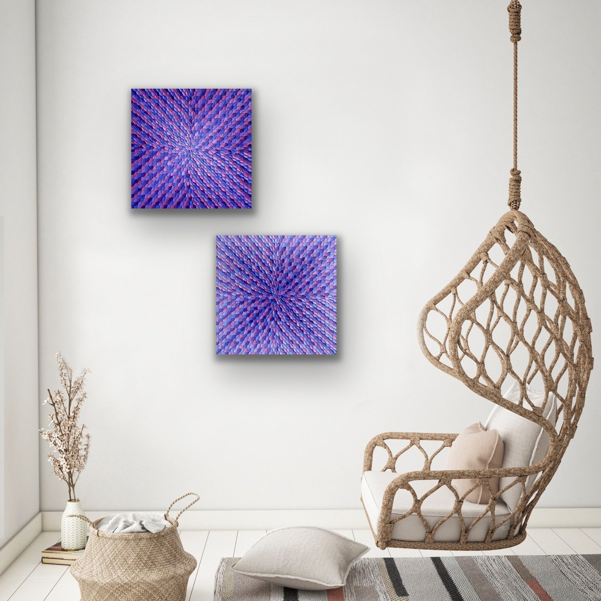 Geometric Abstract Acrylic Painting By Guzaliya Xavier, 48 X 24, Purple Dreams Diptych, Original Artwork
