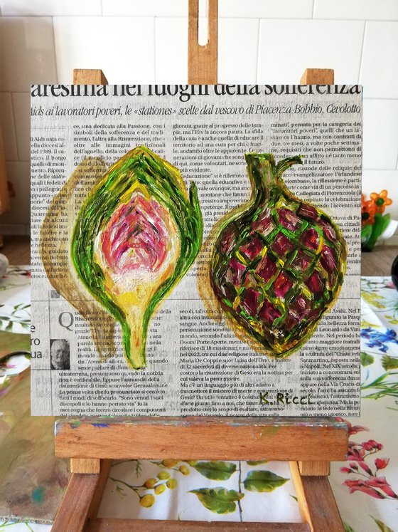 "Artichokes on Newspaper" Original Oil on Canvas Board Painting 8 by 8 inches (20x20 cm)