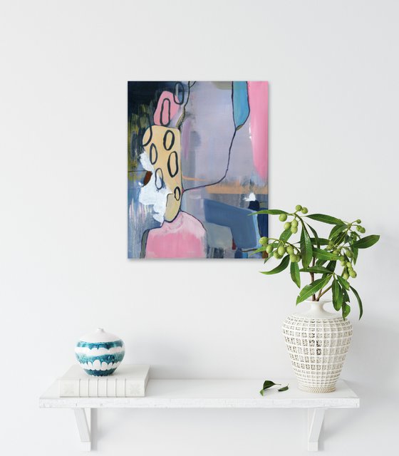 Modern Abstract Original Painting on Artist Stretched Canvas - Pink, Indigo Blue, Grey and Yellow, Minimal Style Home Decor/Dorm Room/Gift