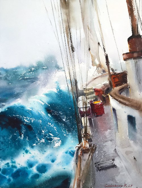 Yacht on the waves #3 by Eugenia Gorbacheva