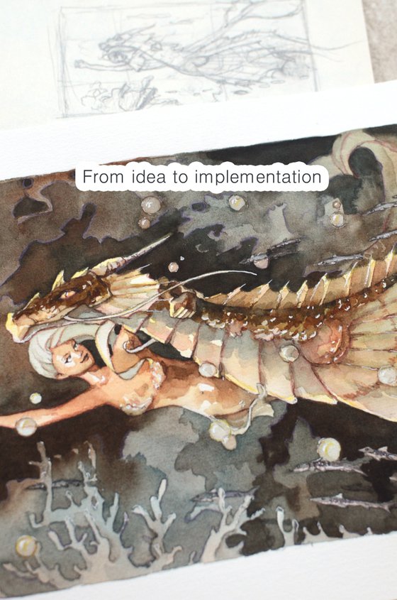 Mermaid and Water Dragon, Fantasy in watercolor