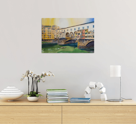 Sunset in Florence. View of the Ponte Vecchio. Medium format watercolor urban landscape Mediterranean italy sea bright architecture