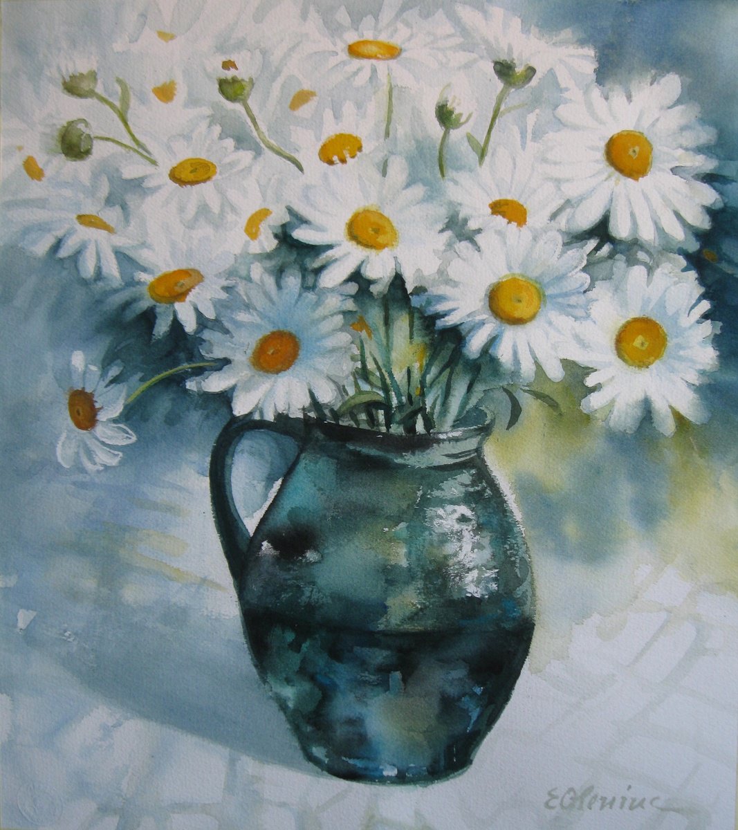 Impressionistic Still Life Watercolour By Elena Oleniuc, 15 X 17, Pot With Daisies, Original Artwork