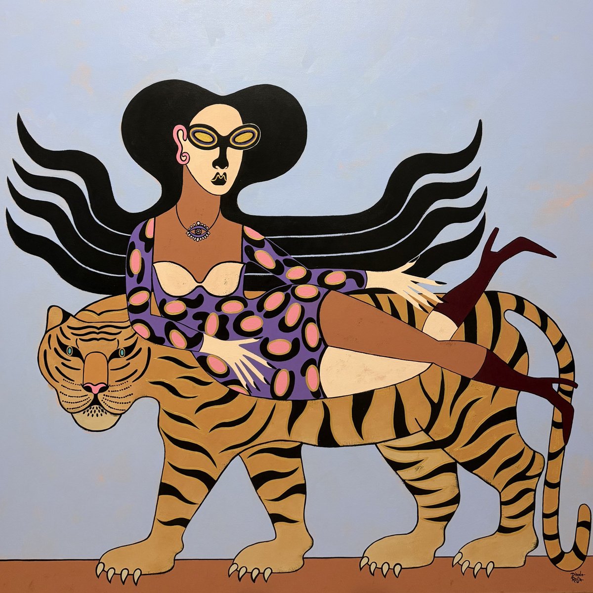 Surrealistic Portrait Acrylic Painting By Diana Rosa, 48 X 48, Wild Ride, Original Artwork