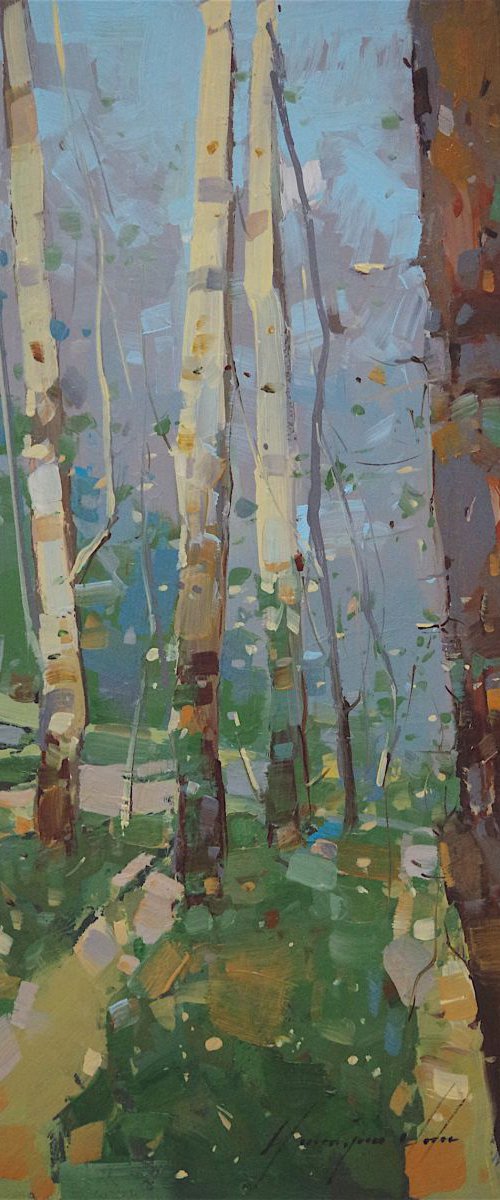 Cobalt Forest, Landscape oil painting, Birches Grove, One of a kind, Signed, Hand Painted by Vahe Yeremyan