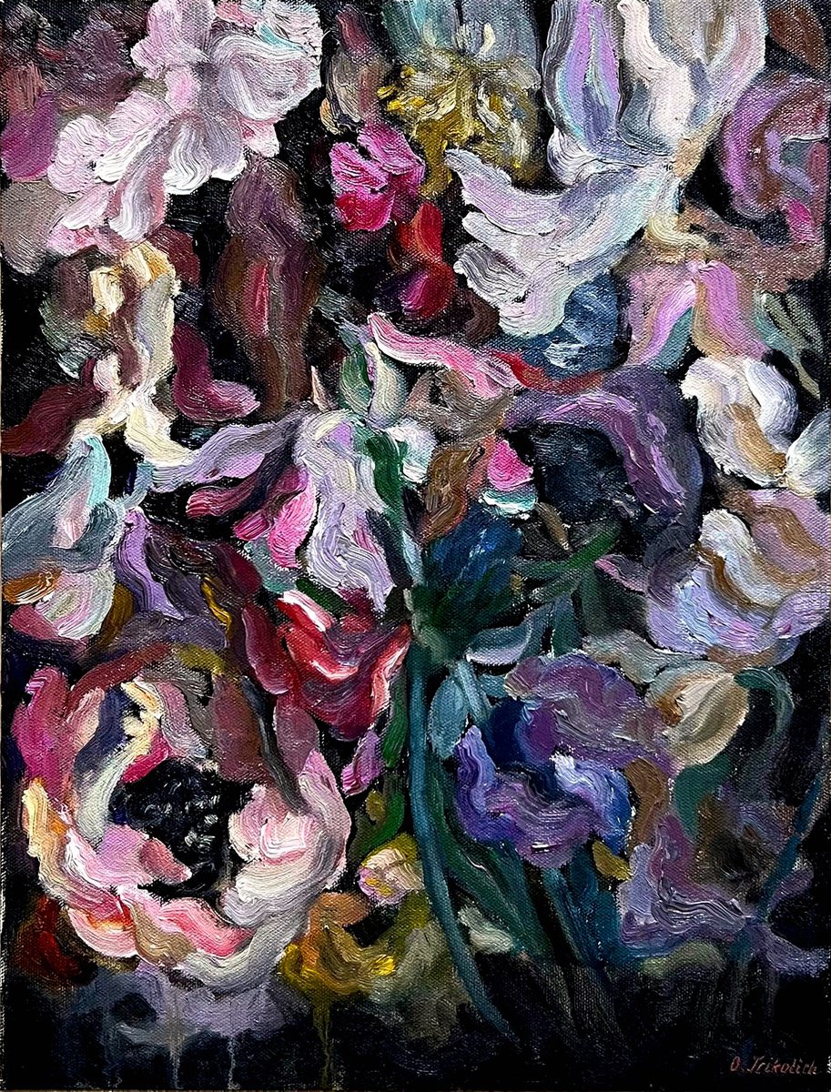 Abstract Botanical Oil Painting By Olha Trykolich, 12 X 16", Wildflowers, Original Artwork