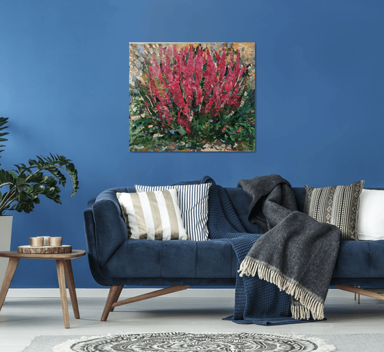 FLOWERBED - Floral art, landscape, original painting, oil on canvas, flowers in the garden, nature,  red summer flowerbed, bloom, interior art home decor, gift