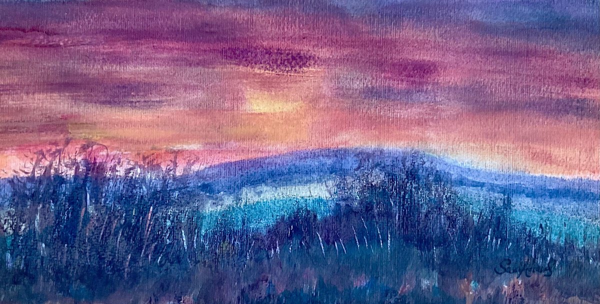 Impressionistic Watercolour , Winter Sunrise Over The Hills By Samantha Adams, 10 X 5, Artwork For Sale On Artfinder