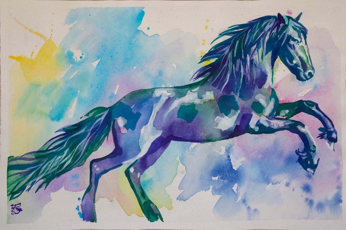 Photorealistic Animal Watercolour By Kateryna Bortsova, 24 X 17", Watercolour Painting Of Running Horse, Original Artwork