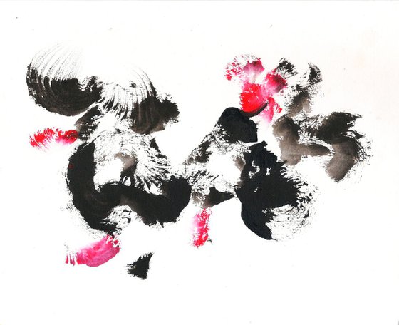 Rooster painting cock-fight Chinese Ink Zen Art  Ink & Acrylic on paper -9.25"x 7.4"