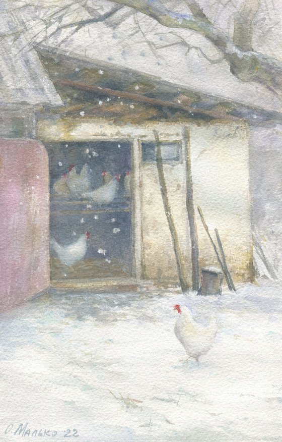 Winter evenings. Time to the hen house / ORIGINAL watercolor 11x15in (28x38cm). Rural scenery. Village life