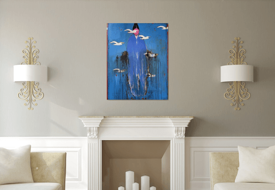 Silent Ascension – Blue Figure with Birds