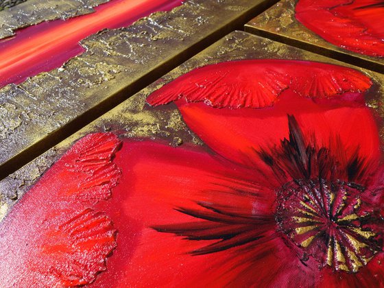 textured gold paintings A049 red Poppies decor original abstract art big ready to hang painting acrylic on stretched canvas metallic textured glossy wall art