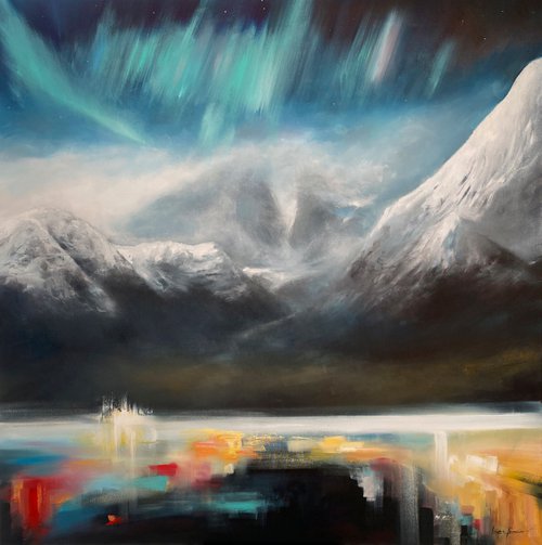 "Northern Lights.Aurora"100x100cm large original painting by Artem Grunyka