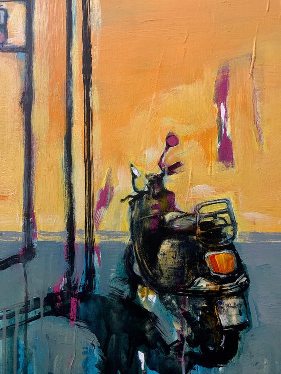 Bright vertical painting - "Sunset in city" - Sunrise - Pop Art - Moped - Expressionism