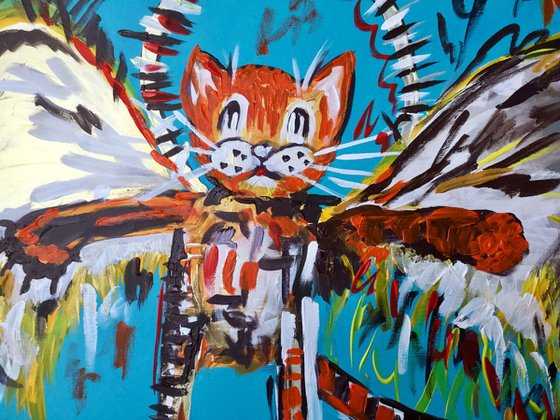 101x61cm Cat La Fallen Angel version of famous painting by Jean-Michel Basquiat