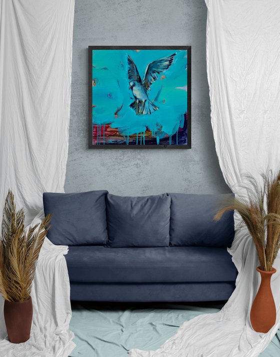 Bright painting - "Flying seagull" - Pop Art - Bird - Sea - Ocean - Sunset