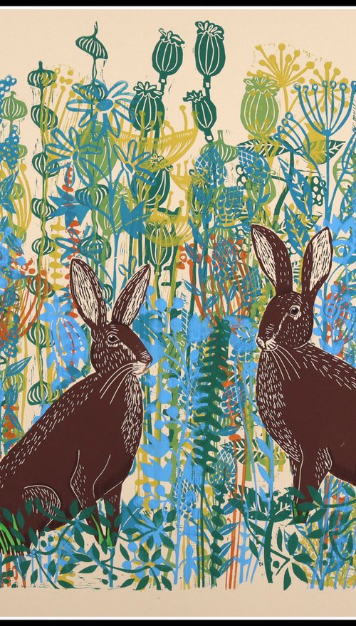 Hares in Meadow by Mariann Johansen-Ellis