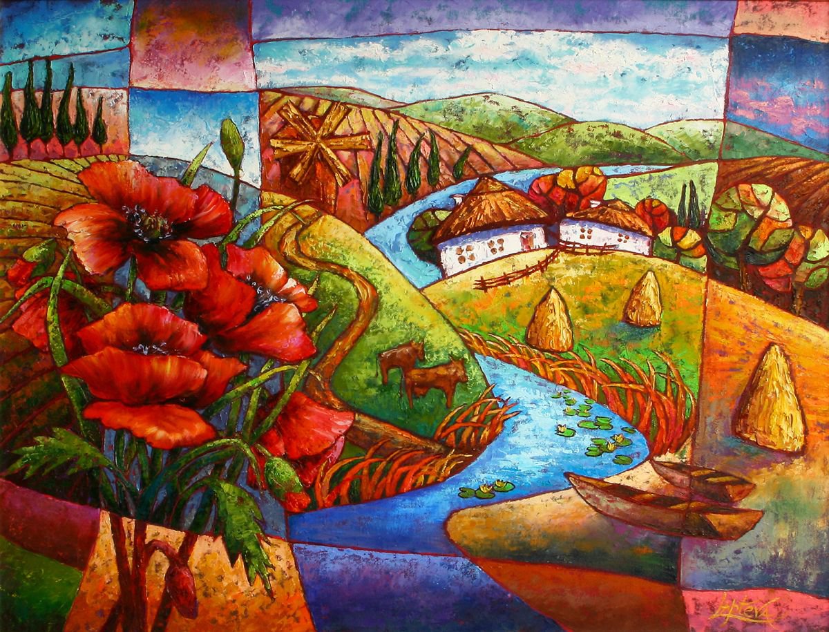 Abstract Landscape Oil Painting By Viktoria Lapteva, 31 X 24", Field Poppies, Original Artwork