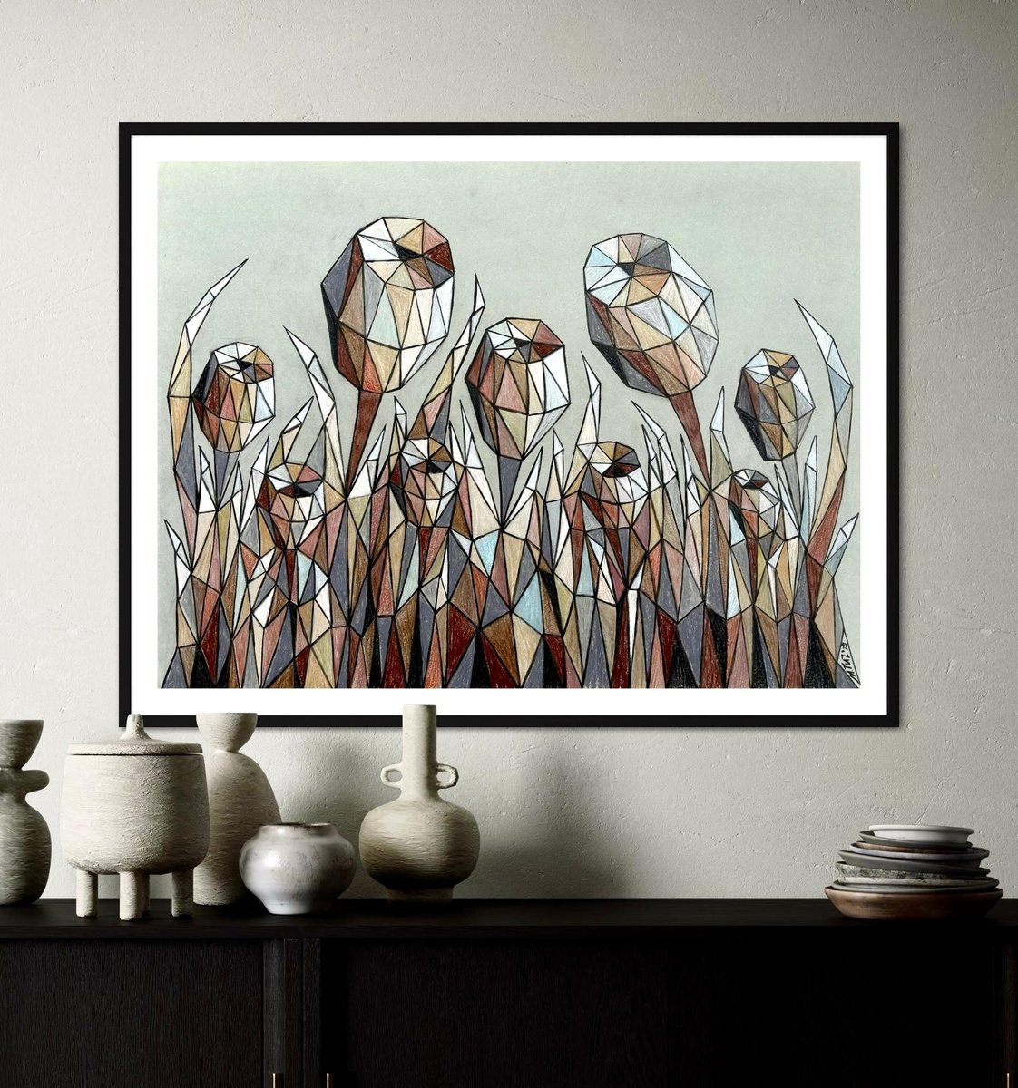 Geometric Landscape Pastel Drawing By Maria Tuzhilkina, 25 X 19", Whisper Of Autumn Flowers, Original Artwork