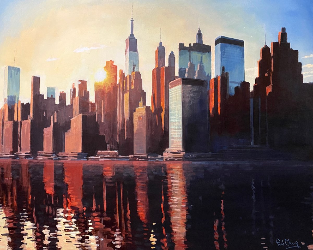Impressionistic Cityscapes Acrylic Painting By Paul Cheng, 60 X 48", Dawn Reflections - Manhattan, Original Artwork
