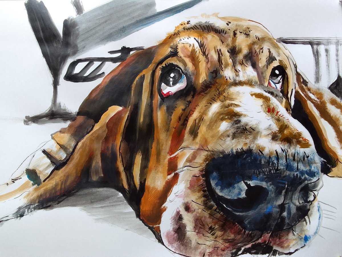 Photorealistic Animal Acrylic Painting By Soso Kumsiashvili, 33 X 24", Bassethound, Original Artwork