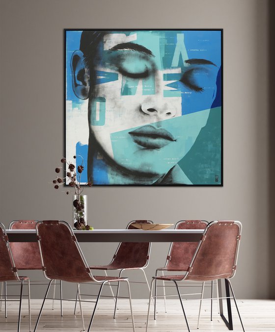 Pop Art Portrait - Close Your Eyes Blue XL Incl Frame - 125x125cm - Ronald Hunter - 27o