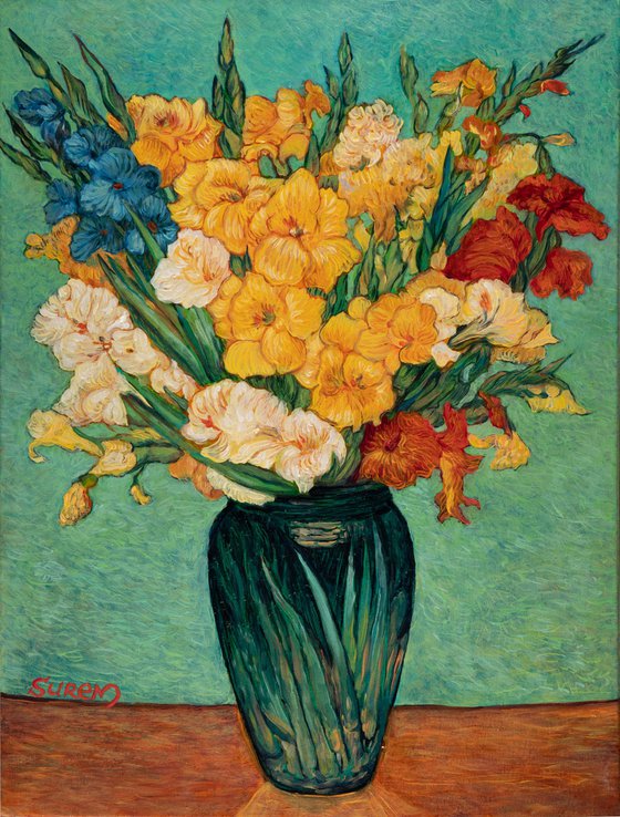 Gladioli in a Green Vase