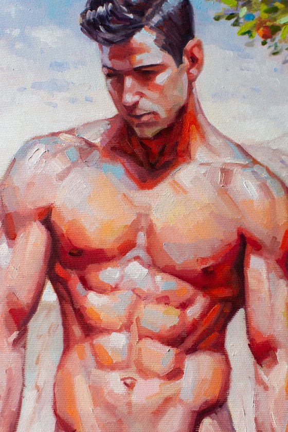 SUNNY DAY by Yaroslav Sobol (Modern Impressionistic Figurative Oil painting of a Man Nude Male Model Gift Home Decor)