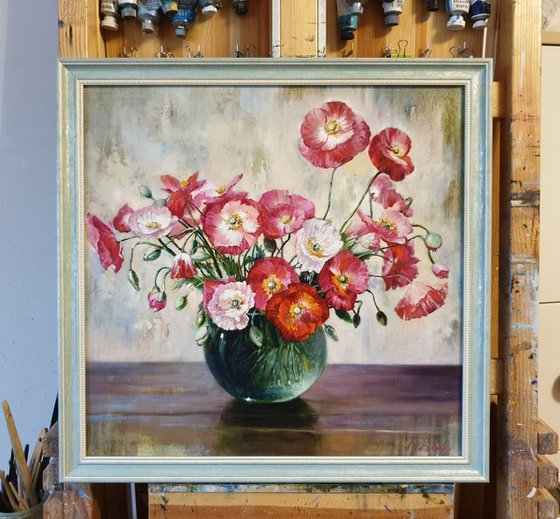 "Poppies in a green vase".   poppies still life flowers liGHt original painting  GIFT (2019)