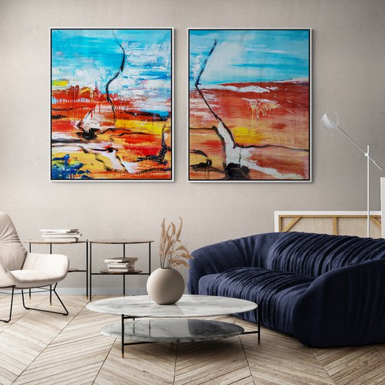Distantes N-1, N-2 (XXXL) - ABSTRACT EXPRESSIONIST Landscape Diptych (H)120x(W)192 cm.