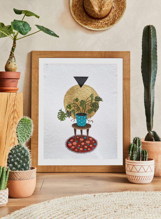 Plants lover's interior - original painting with gold potal on handmade paper