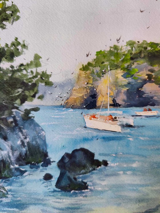 Menorcan serenity watercolor painting (2022) | Original Hand-painted Art Small Artist | Mediterranean Europe Impressionistic