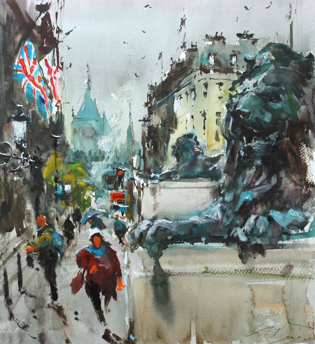 Impressionistic Cityscapes Watercolour By Maximo Damico, 13 X 14", Trafalgar And Lions, Original Artwork