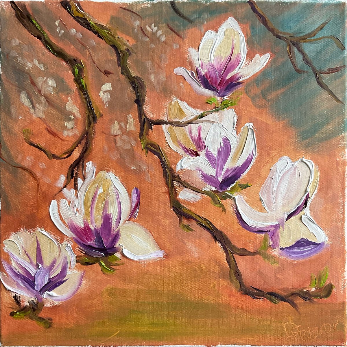 Impressionistic Landscape Oil Painting By Dmitry Fedorov, 16 X 16, Dutch Magnolia, Original Artwork