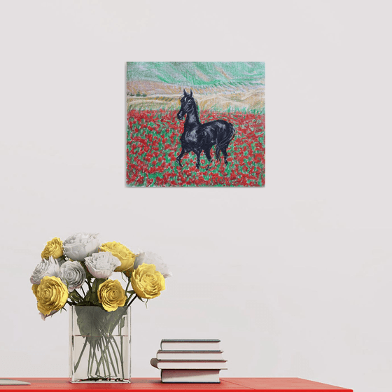 Horse and Poppies... /  ORIGINAL OIL PASTEL DRAWING